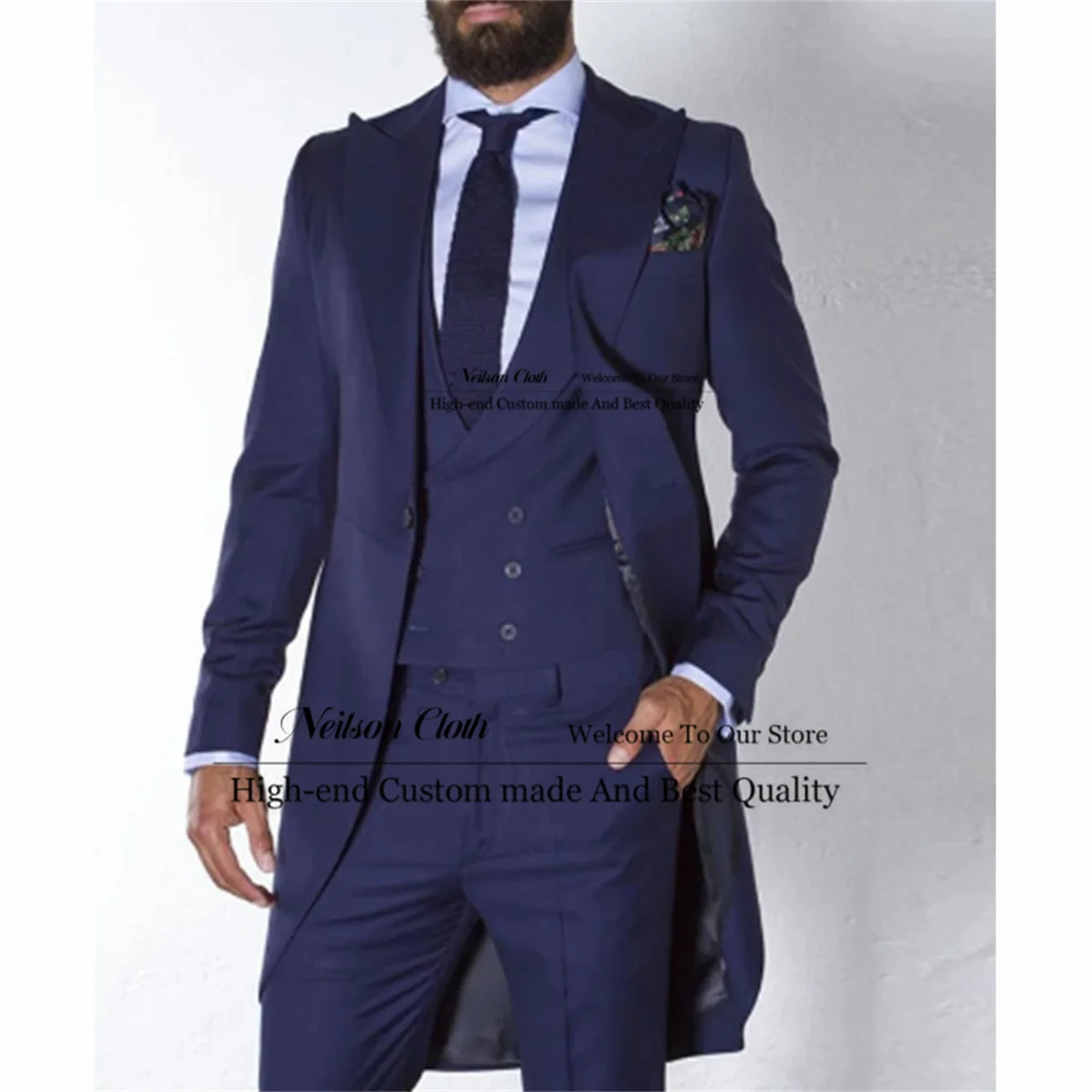 

Деловые темно-синие мужские костюмы, остроконечное длинное пальто с лацканами, Женский комплект из 3 предметов, мужские тонкие костюмы