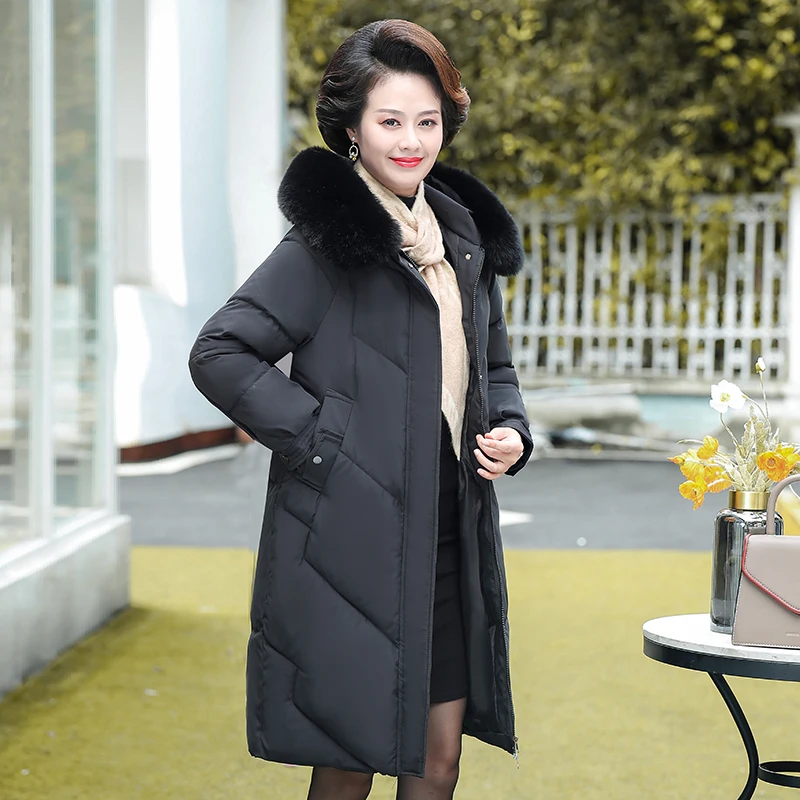 High Quality Women Winter Fur Collar Down Length Parkas Thicked Warm Jacket Middle Aged Mother Cotton Padded Coat Overcoat