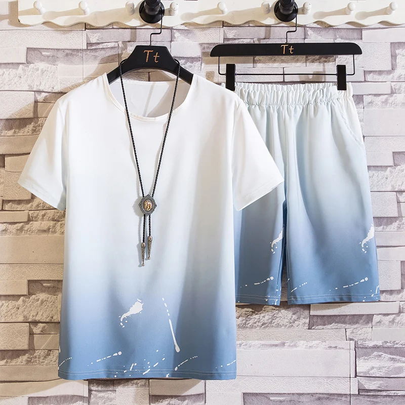 Men's suit Breathable gradient color summer short-sleeved T-shirt suit fashion two-piece streetwear Sports beach shorts Sportswe