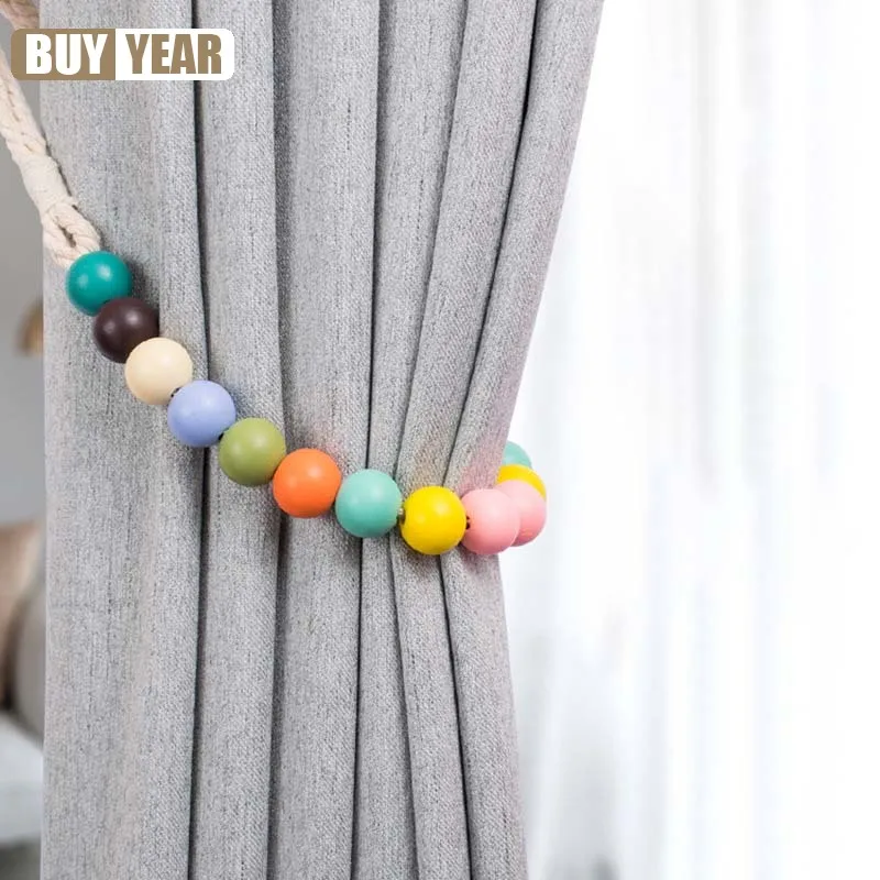 

Colorful Macaron Wood Beads Curtain Tiebacks Curtain Clips Rope Straps Holdbacks Curtain Holder Accessory For Home Decoration