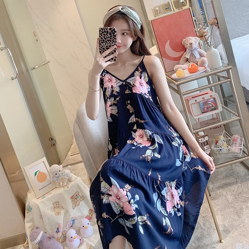 

Cotton Nightdress Women's Summer Cartoon Printing Sexy Sling Pajamas Student Pregnant Women's Loose Household Clothes Thin