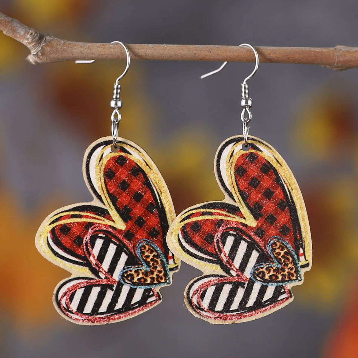 

New Leopard Heart Earing Creative Letter Tassel Double Sided Printing Wooden Earrings Valentine's Day Girl Festival Jewelry Gift
