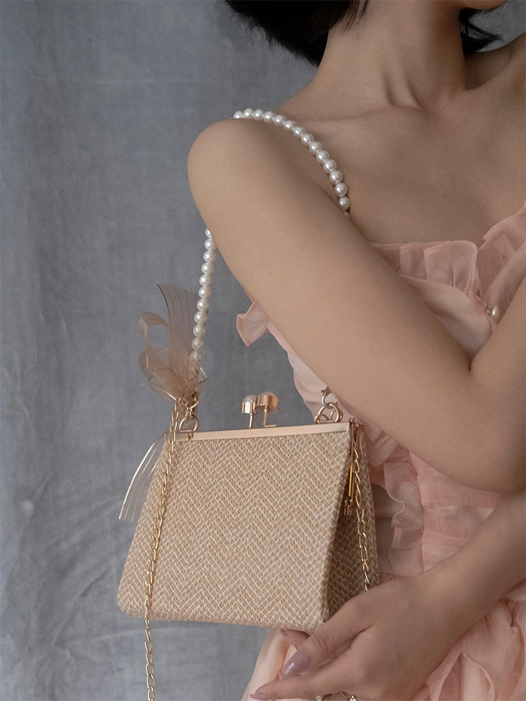 Женская плетеная сумочка в стиле ретро с жемчужной цепочкой кружевные украшения