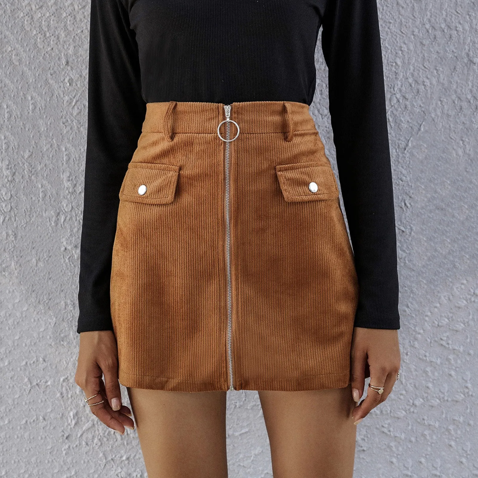

Women Girls Fashion Skirt Uniform High Waist Sexy Zipper Pleated Mini Corduroy Skirt