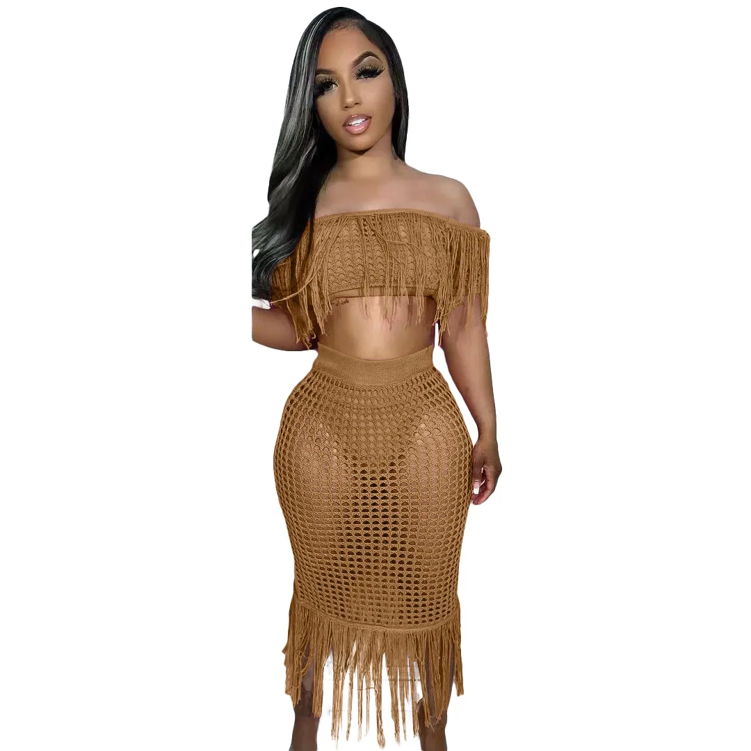 Casual Women Knit Ribbed Two Piece Dresses Set Solid Color Slash Nech Tassel Hollow Out Streetwear Tracksuit Clothes Outfit 2