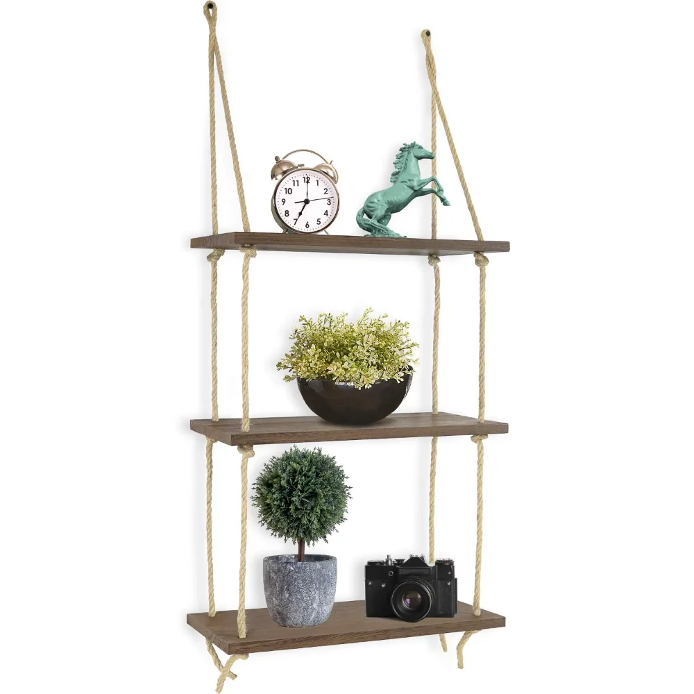

BOUSSAC Decorative Rustic Jute Rope Wall Hanging Floating Shelves for Wall, Distressed Wood, 3 Tier Shelf for Wall
