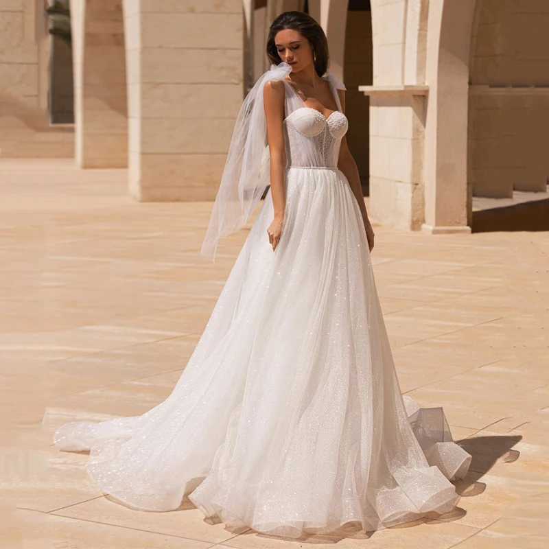 

13554#Elegant Sweetheart Backless A-Line Sleeveless Pleated Shiny Tulle Ruched Sexy Spaghetti Straps Wedding Dress Bridal Gown