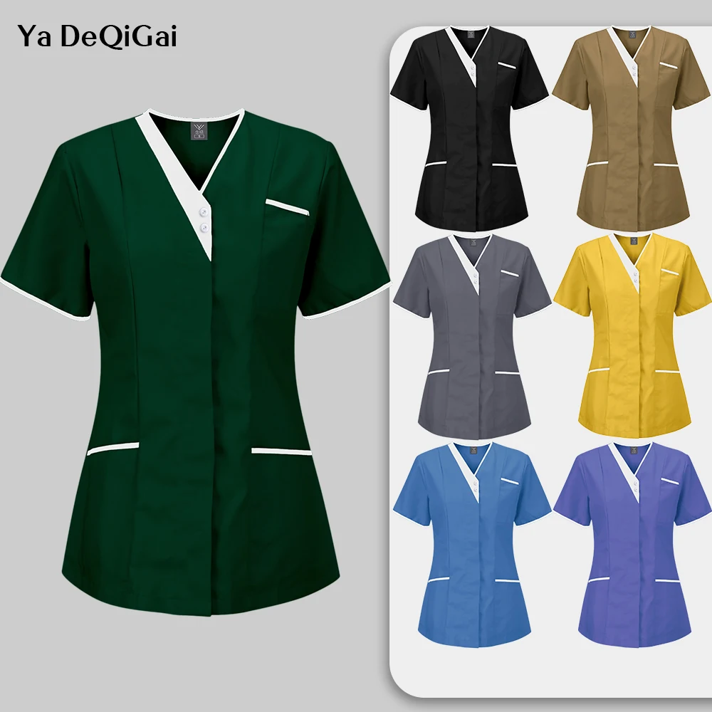 

Women Wear Stylish Scrubs Tops Medical Clothes Hospital Uniform Doctors Blouse Nursing Tops Solid Color Vneck Surgical Uniforms