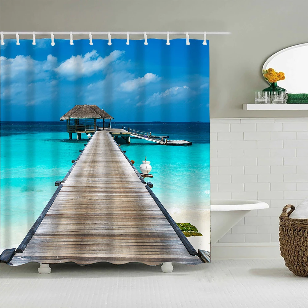 

Plam Tree Sea Wooden Bridge Shower Curtain Tropical Blue Sky Seagull Bird Beach Board Scenery Fabric Bathroom Curtains with Hook