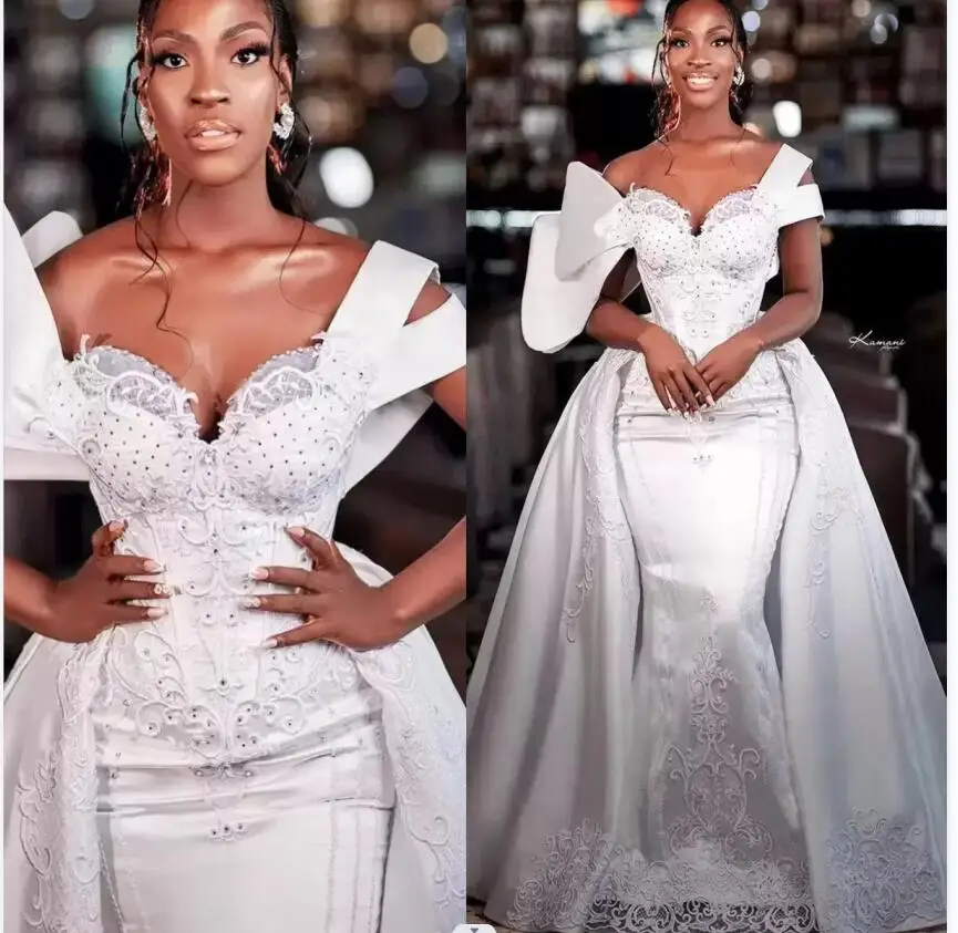 

Slim Beaded Appliques Mermaid Wedding Dresses with Detachable Train Vestido de Casamento Off the Shoulder Bridal Gowns