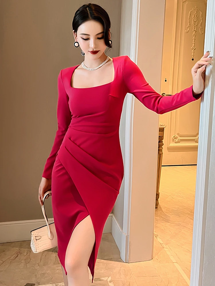 

Женское платье-миди с асимметричным подолом, повседневное облегающее платье с разрезом и складками, одежда для офиса и улицы, 2023