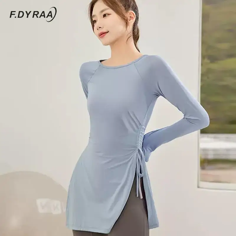 

F.DYRAA Women Yoga Shirts Round Neck Long Sleeve Tight Tops Side Split Long Shirts With Drawstring Female Fitness Sport Clothes