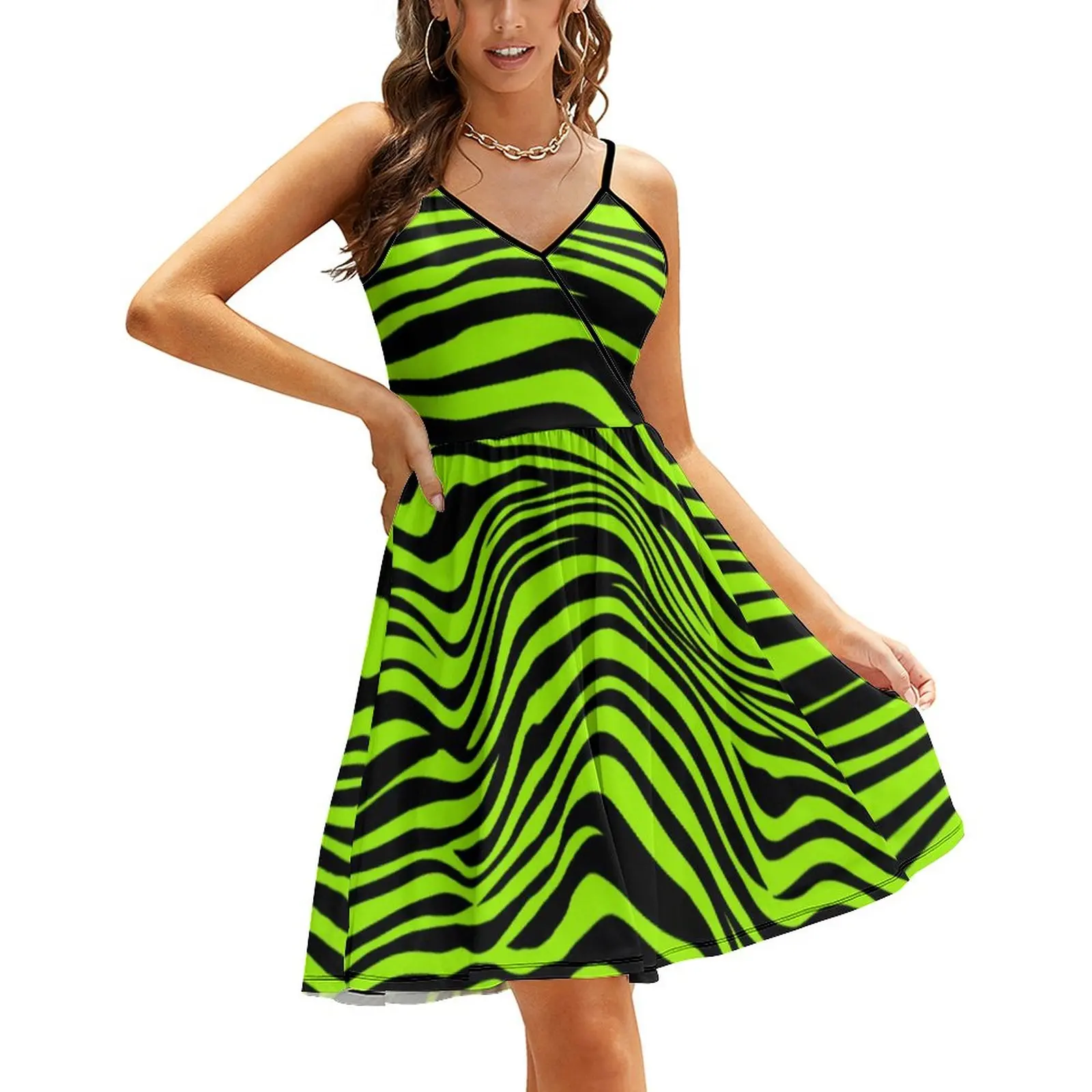 

Green Tiger Lines Dress Animal Print Aesthetic Casual Dress Summer Graphic Dresses Strap Pretty Vestidos Big Size