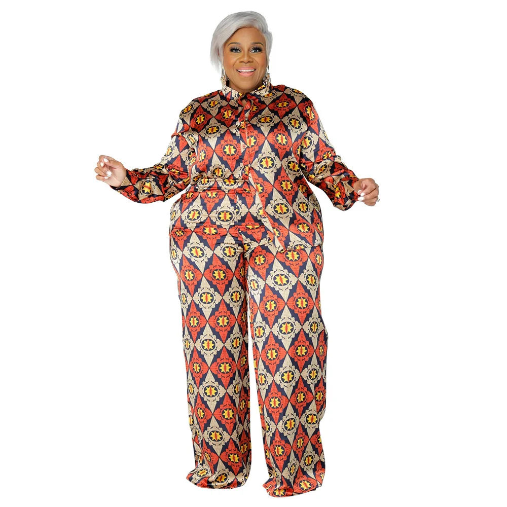 Two-piece Sets Plus Size Women Printed Cardigan Long-sleeved Tops Loose Pants Suit Fashion Print Casual Outfit Large Size Female