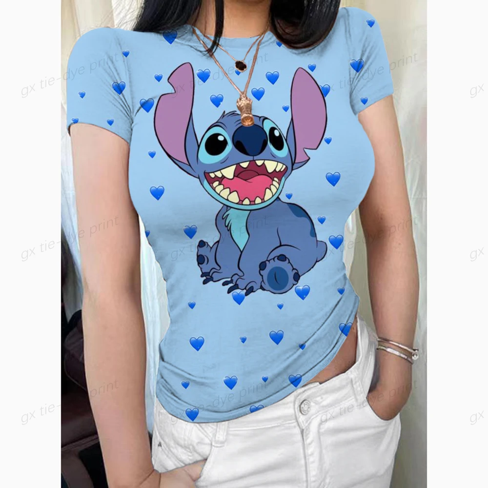 

Y2K Sexy T-shirt Women Summer Skinny Tee Shirt Femme Short Sleeve Korean Disney Stitch Print Slim O-neck Tshirt Woman Clothes