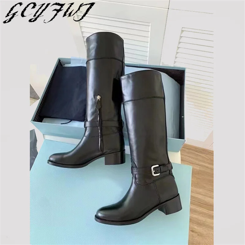 

New Black Knee High Boots Round Toe Crude Heel Buckle Zipper Women Fashion Solid Color Party Long Boots Dress Sexy Female Shoes