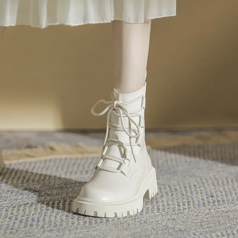 

Женские ботильоны с круглым носком, на платформе 5 см, на шнуровке, без застежки, Повседневная готическая обувь, черные, белые