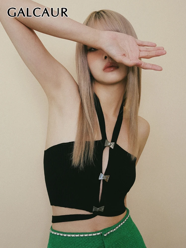 

GALCAUR Sexy Solid Tank Tops For Women Hartel Collar Sleeveless Off Shoulder Minimalist Cut Out Vests Female Summer Clothes New