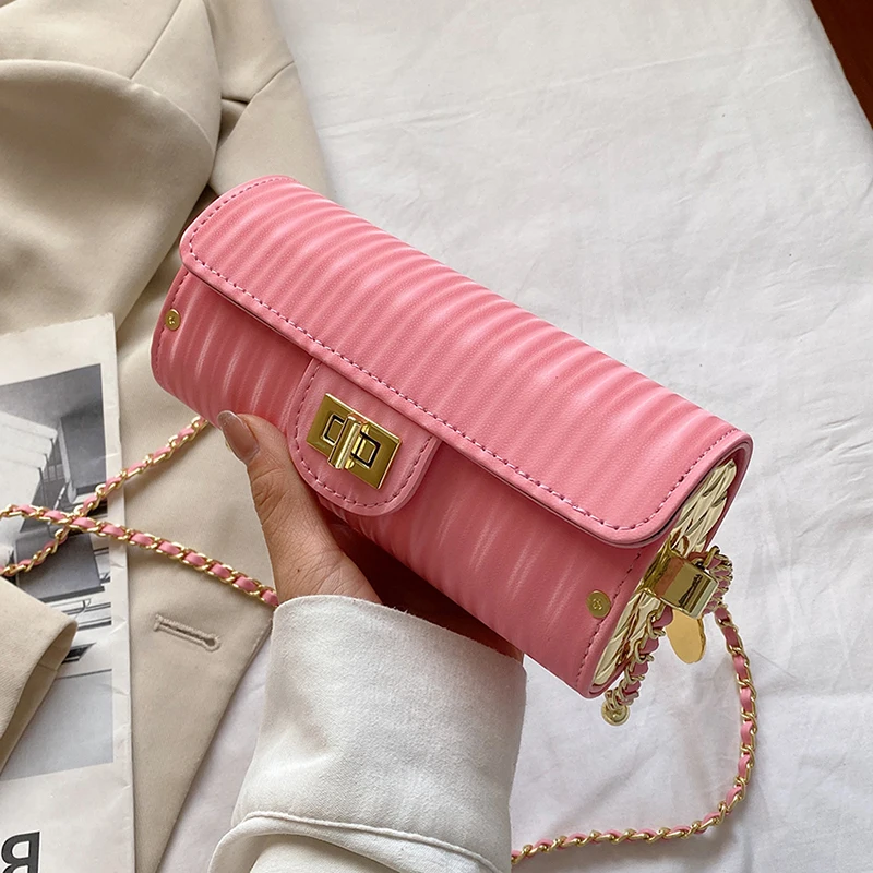 

Mini Chain Leather Barrel Shaped Handbags 2022 Luxury Fashion Designer Woman Cute Handbags Female Shoulder Crossbody Sling Bag