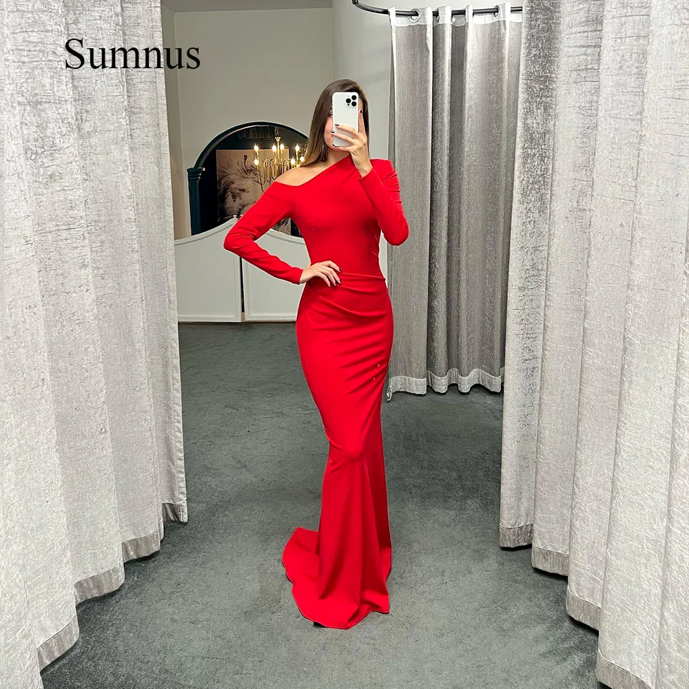 

Sumnus Red Mermaid Evening Dresses Sexy Off Shoulder Long Sleeve Spandex Formal Gowns Mother Evening Party Dress Robe de Soiree