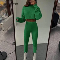women knitted 2 pieces sets autumn winter cotton casual female warm suits turtleneck cropped sweater and trouser tracksuits 2022
