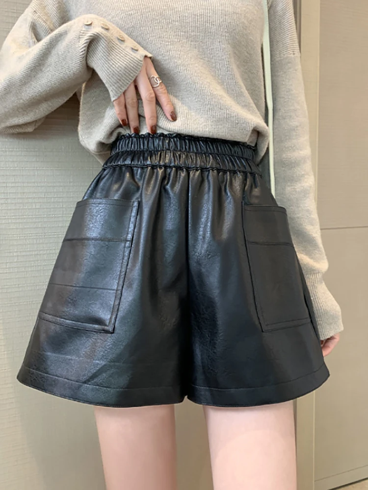 3 Color Casual A-Line PU Leather Shorts Women Pu Leather Shorts With Pockets Spring Loose Wide Leg High Waist Shorts