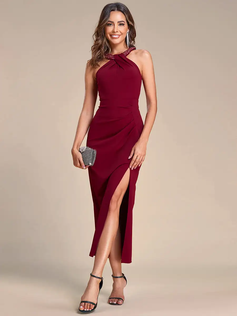 

Elegant Evening Dresses Hot Halter Neck Split Tea Floor-Length 2023 Ever Pretty of Shiny Burgundy Bridesmaid dress Women