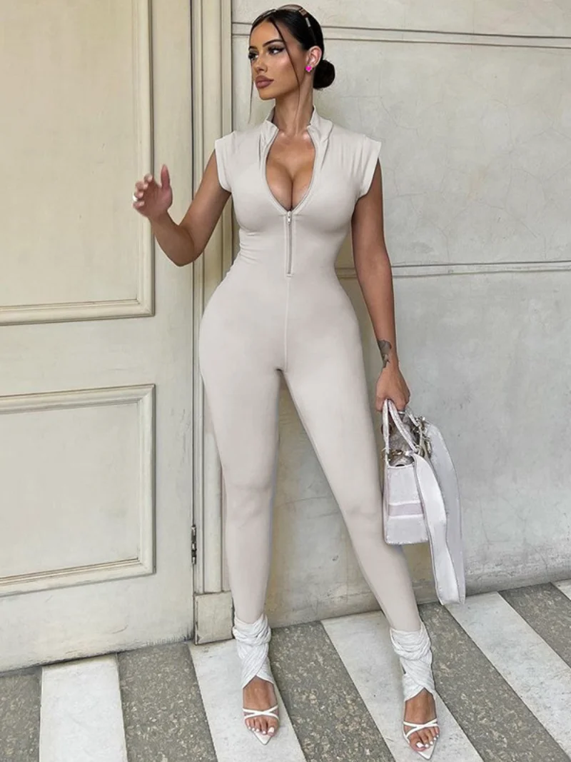 

Women's Jumpsuit 2023 Summer Fashion Zip-up Sleeveless Tunics One Piece Bodysuit Female Fitness Sports Solid Overalls Streetwear