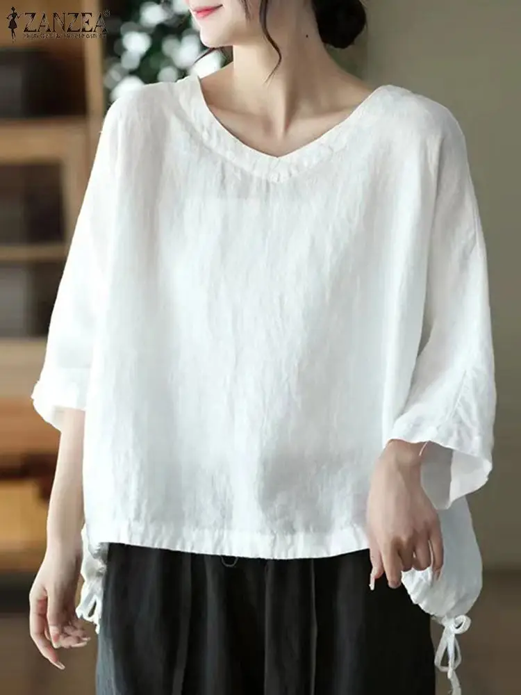 

Elegant Solid Tunic Tops ZANZEA Summer Women V Neck Short Sleeve Blouse Vintage Loose Shirt Casual Retro Cotton Blusas Chemise