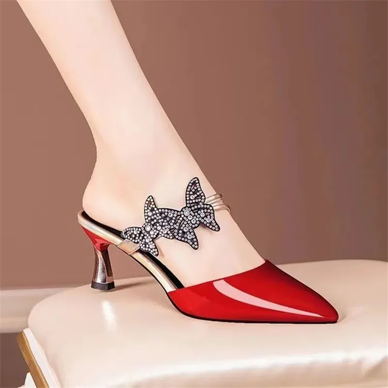 Pointed Red Patent Leather Women Slippers Fashion Butterfly-knot Slip On High Heels Designer Slides Non Slip Hollow Sandals
