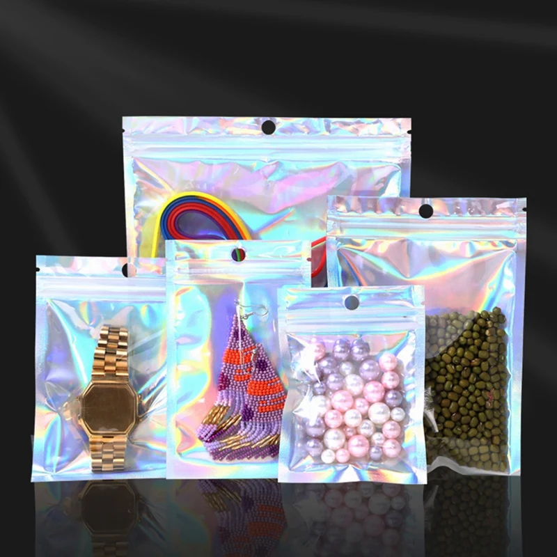 

100PCS Holographic Bags Resealable Sealed Bags For Party Favor Food Storage (Holographic Color, 7X10 Inch And 8X10 Inch)