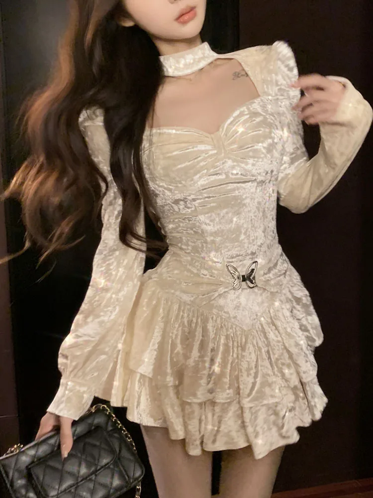 Женское приталенное платье-трапеция элегантное бежевое платье во французском