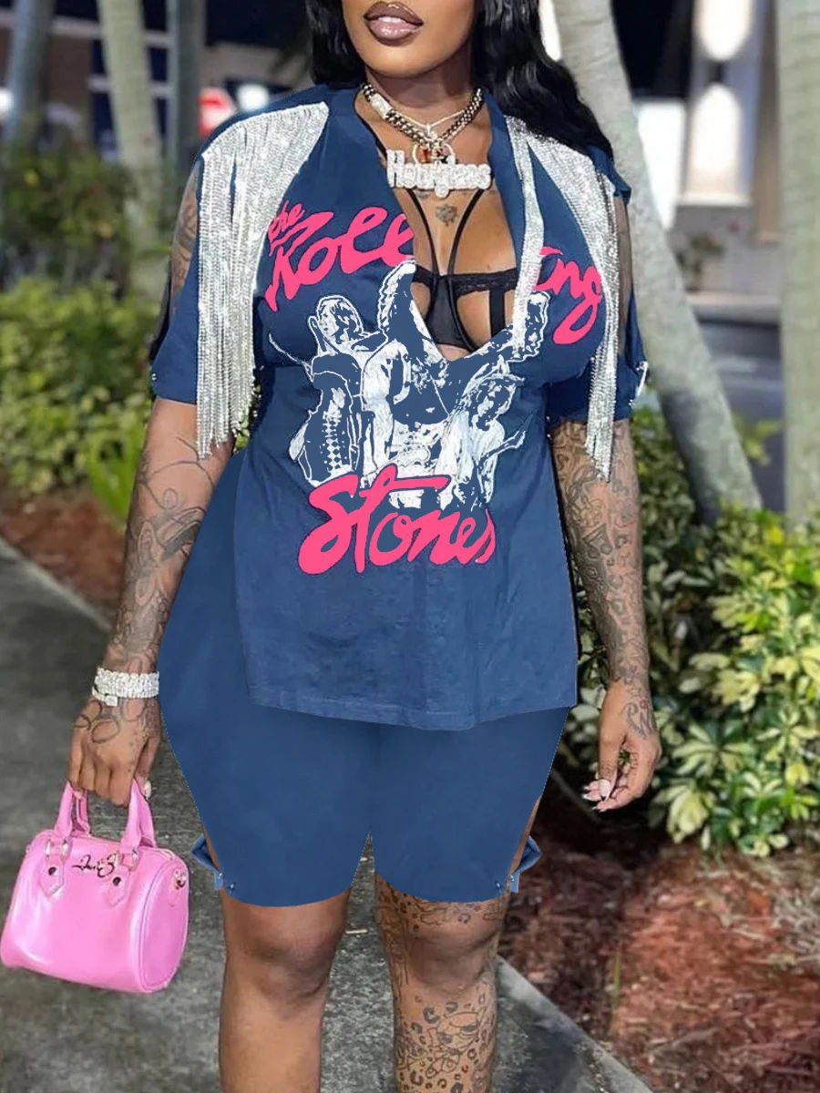 

LW Plus Size Two Piece Letter Print Tassel Design Short Sleeve Top And Split Stretch Shorts Matching Outfits Fashion Streetwears