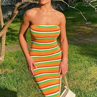 summer tube dress casual women color block striped strapless split bodycon midi dress vacation party backless dress