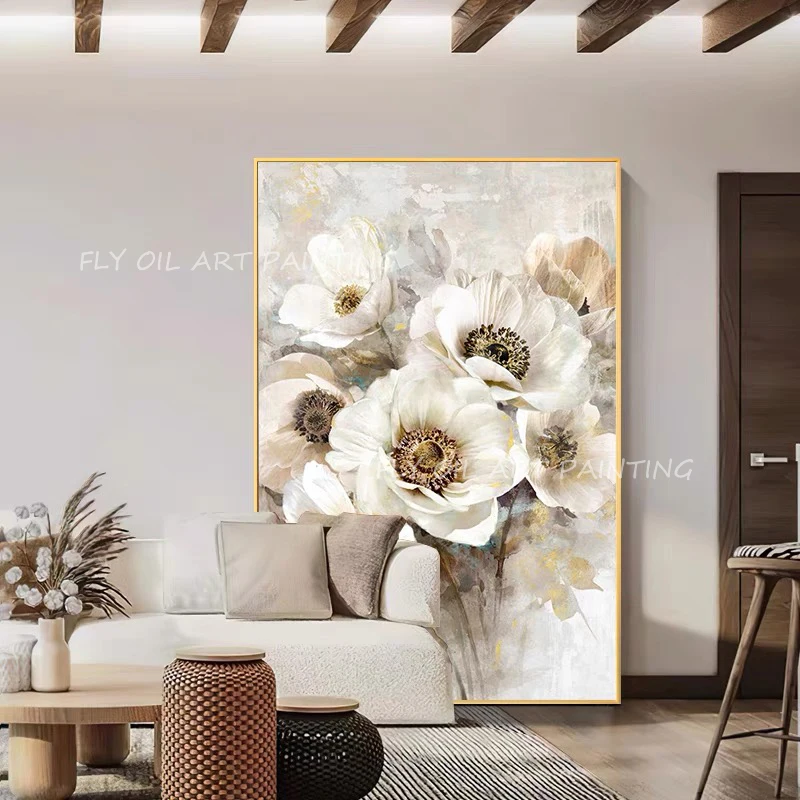 Картина маслом на стену абстрактная картина с изображением белых цветов ручная