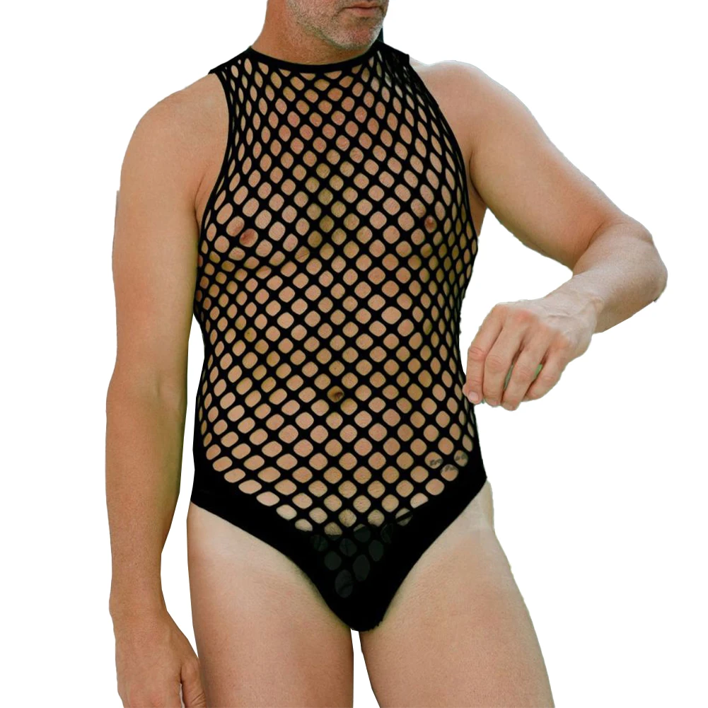 

Sexy Men Fishnet Bodysuit Sissy Sleeveless See-through Underwear Tight Up Clubwear Vest Body Stockings Gay Erotic Lingerie