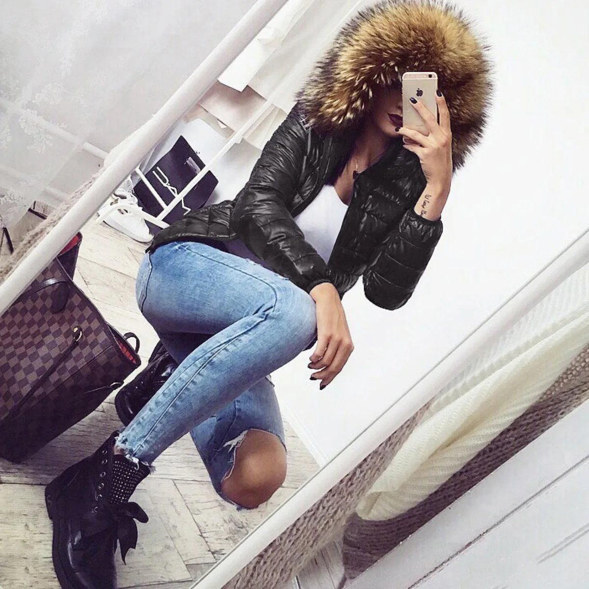 Women's Cotton-Padded Clothing Fall Winter Hooded Warm Imitation Fur Coat Top Women Faux Fur Coat