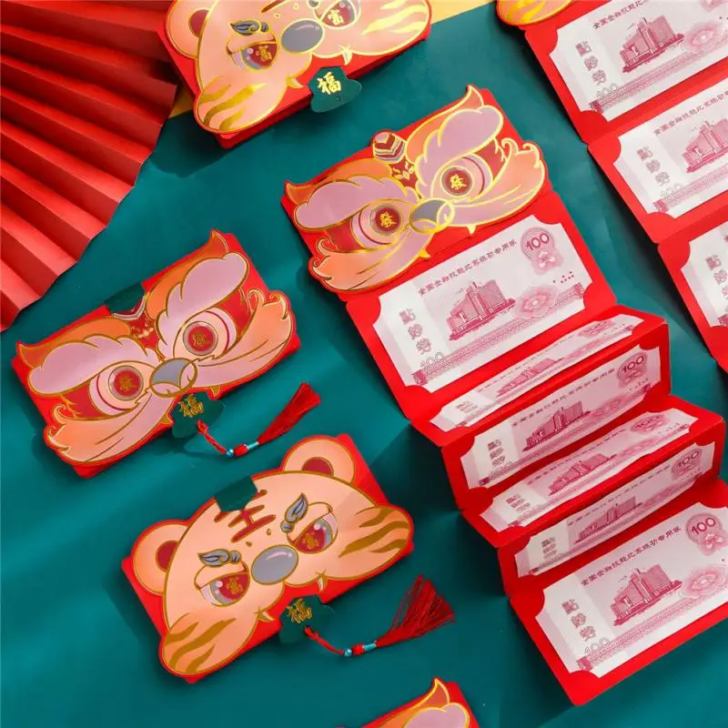 

2022 китайские новогодние складные красные конверты с тигром, складные 10/6 слотов для карт, креативная красная сумка с тигром из мультфильма, п...