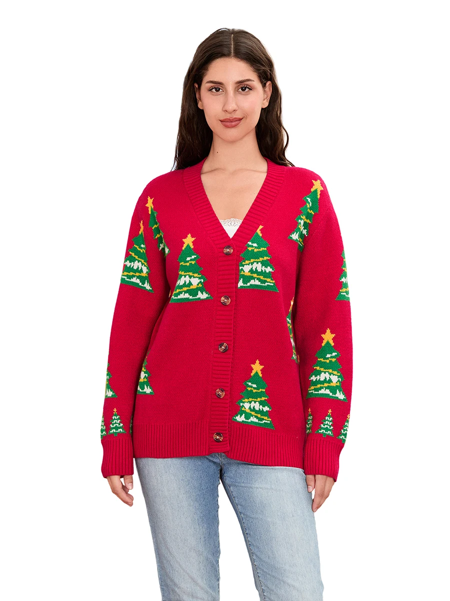 Women Christmas Cardigan Tree Print V-Neck Long Sleeve Sweater Fall Casual Soft Knit Coat