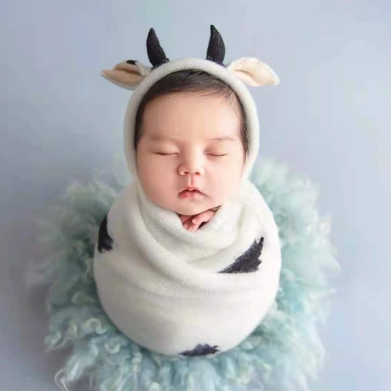 

2 Pcs Infants Mink Fur Cute Cow Ear Hat Wrap Set Baby Blanket Beanie Kit Newborn Photography Props Photo Shooting