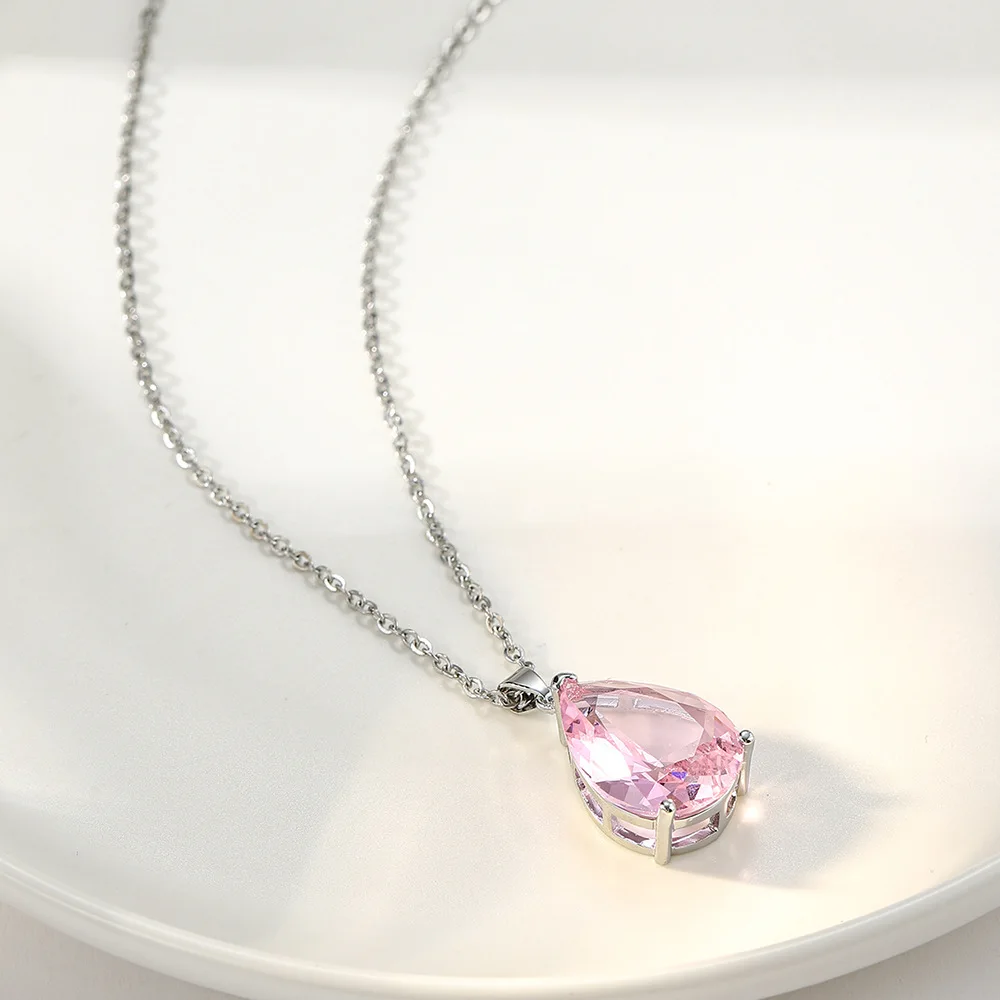 Luxury Simple Women's Necklace Charms Silver Colour Daily Wear Jewelry Pink Zircon Water Drop Pear Shaped Pendant Clavicle Chain