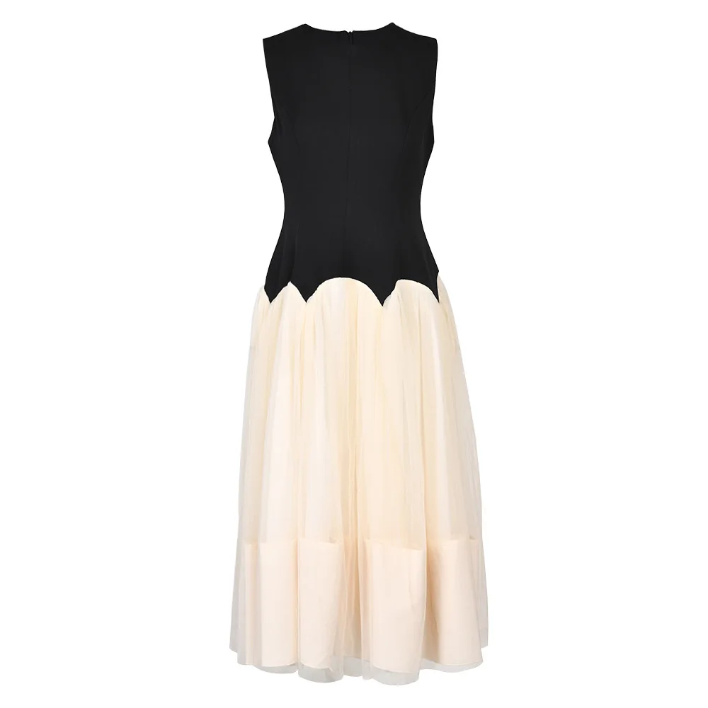 

Summer New Sleeveless Contrast Color Panel Mesh Ponchy Skirt Women Design Feel Fit Slim Closing Style Summer Dress for Women