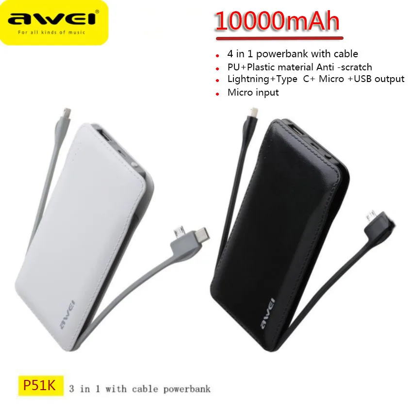 Awei P51K 3 в 1 портативный внешний аккумулятор 10000 мАч с кабелем для передачи данных USB Type-C выход Мобильный Внешний аккумулятор быстрая зарядка бесплатная доставка