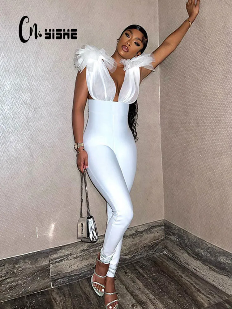 

CNYISHE Sleeveless Mesh Patchwork Backless Sexy Jumpsuits Women Rompers Elegant Party Club One Piece Female Streetwear Overalls