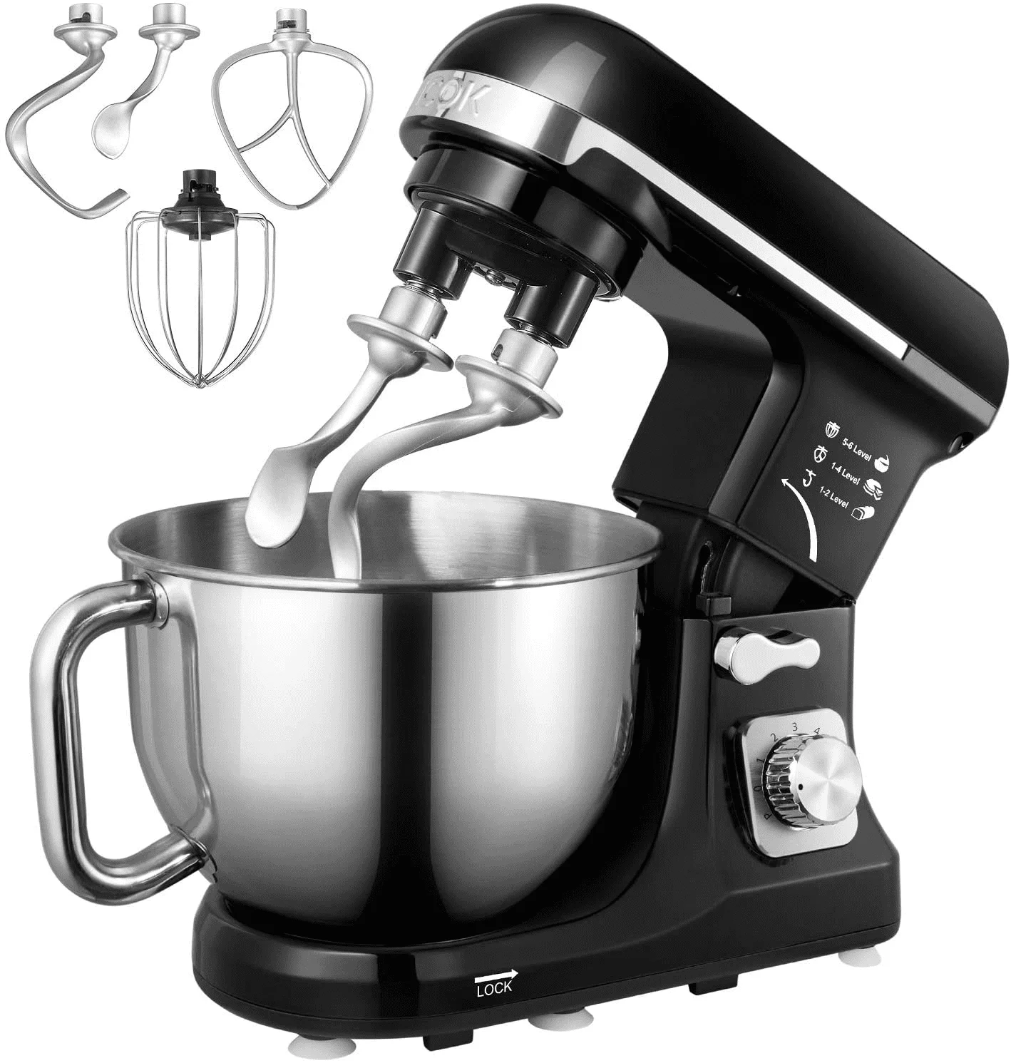 Stand Mixer with Double Hook 6 Speeds 5.5Qt Stainless Steel Bowl Beater and Whisk Black