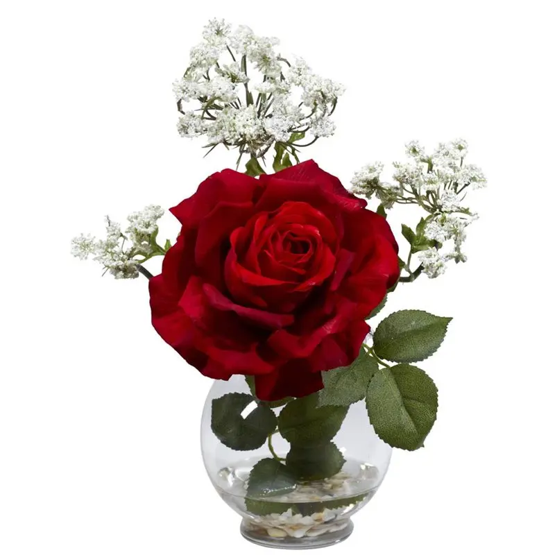 

Red Rose and Gypso with Fluted Vase Artificial Flower Arrangement Wedding Party Vase Home Autumn Decoration Fake Flower