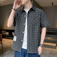 korean fashion mens plaid shirt short sleeve shirts cotton high quality casual lapel shirt men clothing homme 4xl e34