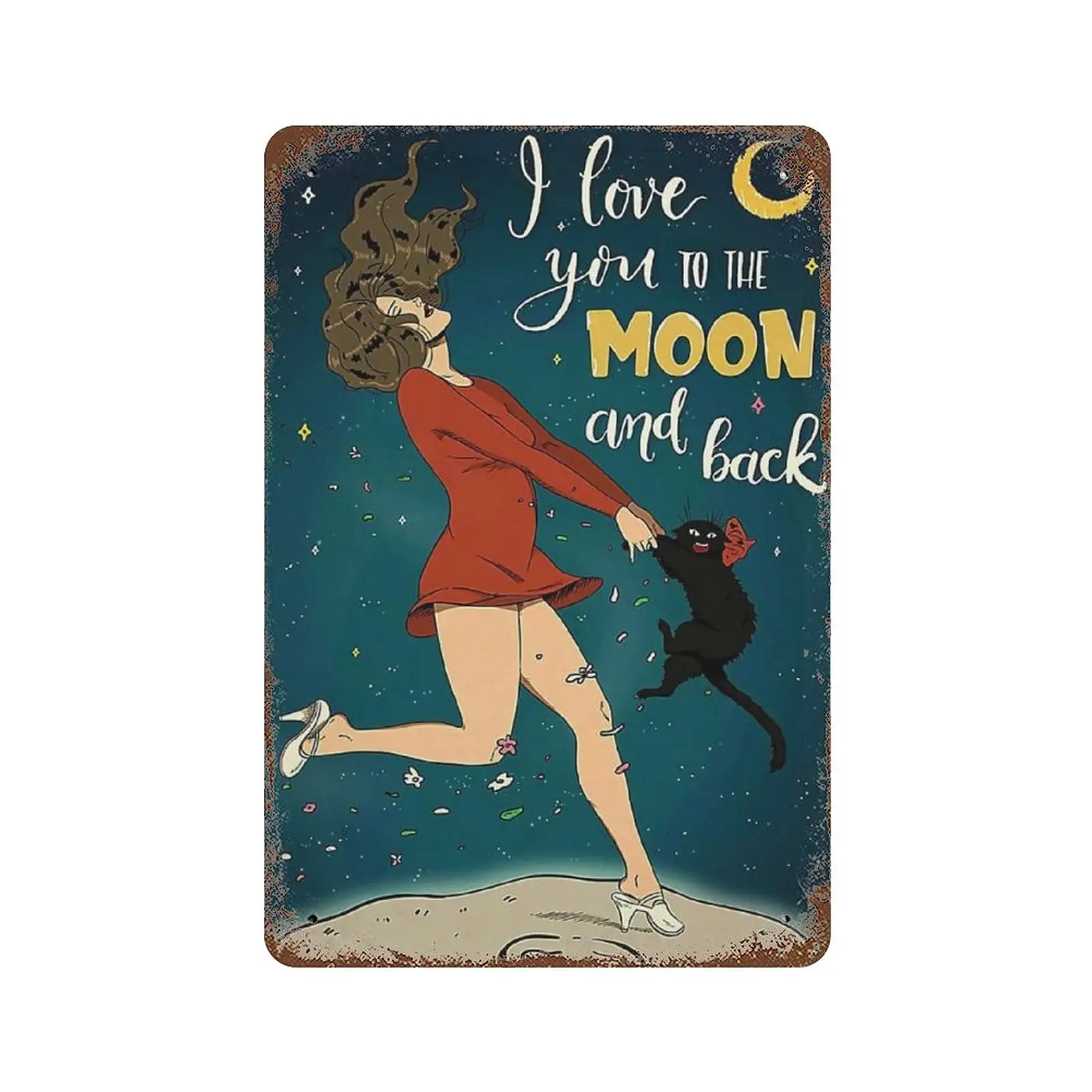 

Vintage Metal Tin Sign Plaque,Girl Dancing with Cat On The Moon Tin Sign,Man cave Pub Club Cafe Home Decor Plate，Birthday Annive