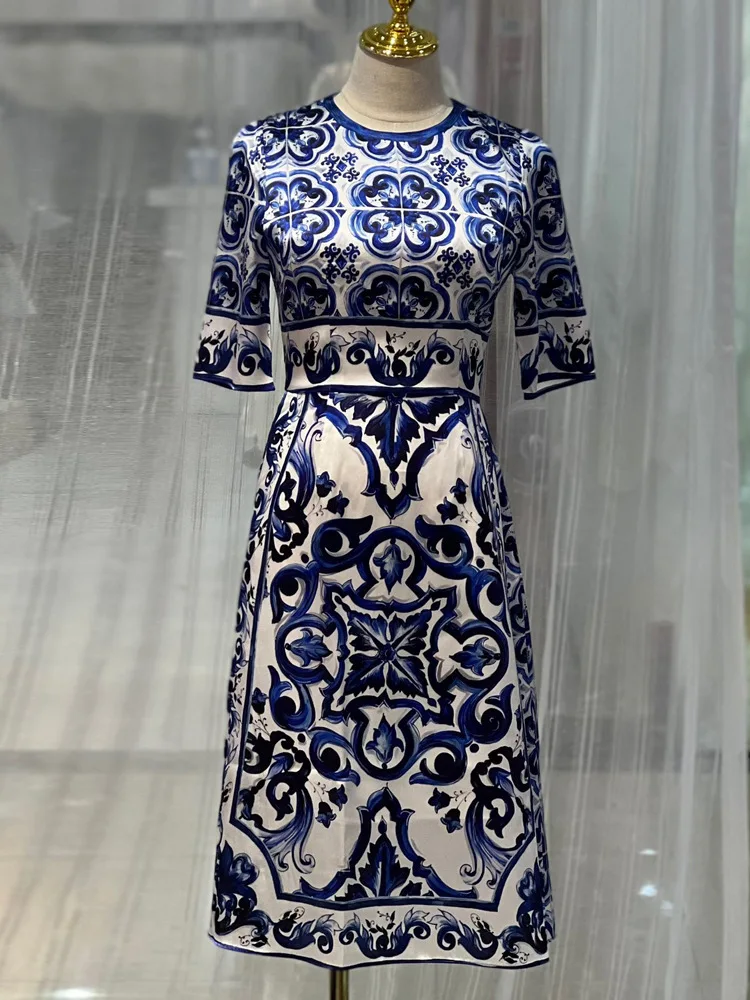 

Женское модельное платье миди с фарфоровым принтом, длинное праздничное платье с высокой талией и Боковым Разрезом, сине-белое платье, лето 2023