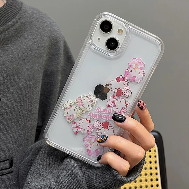 

New Kawaii Sanrio Hello Kitty Quicksand Phone Case for IPhone 14 13 12 11 Pro Max 14 Pro Girl Anti-drop Soft Back Cover Funda